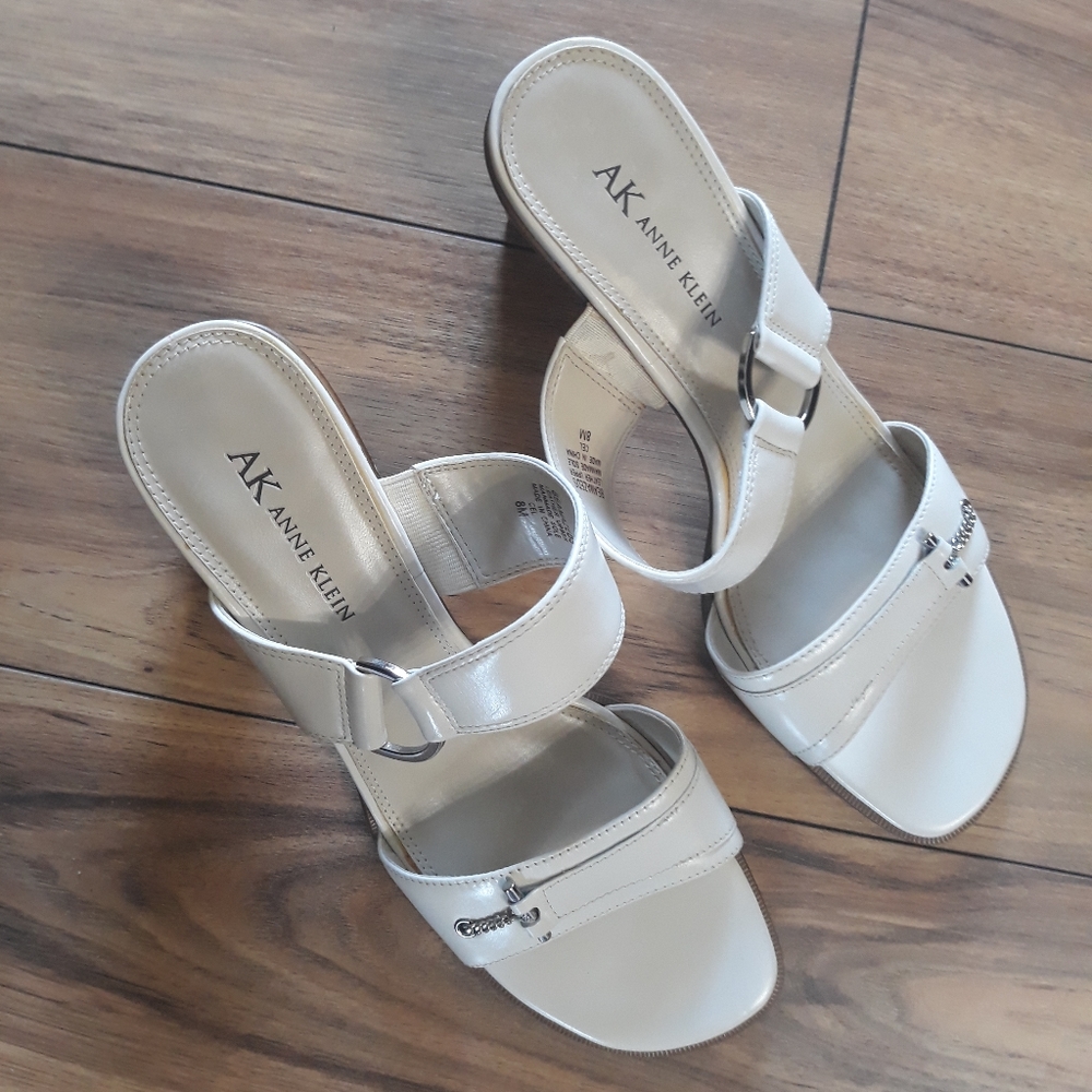 Anne Klein Sandals,Cream with 3" Stacked wood heel. - Picture 2 of 11